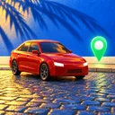 El ícono de PÚBLICO: un carro rojo en adoquines con un pin verde de recogido