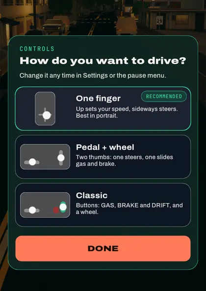 The game’s question, How do you want to drive?, with three choices: One finger (recommended), Pedal + wheel and Classic