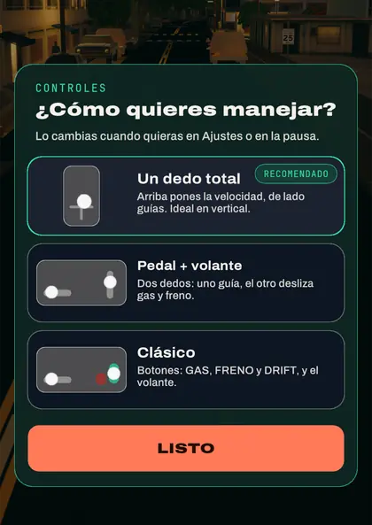 La pregunta del juego, ¿Cómo quieres manejar?, con tres opciones: Un dedo total (recomendado), Pedal + volante y Clásico