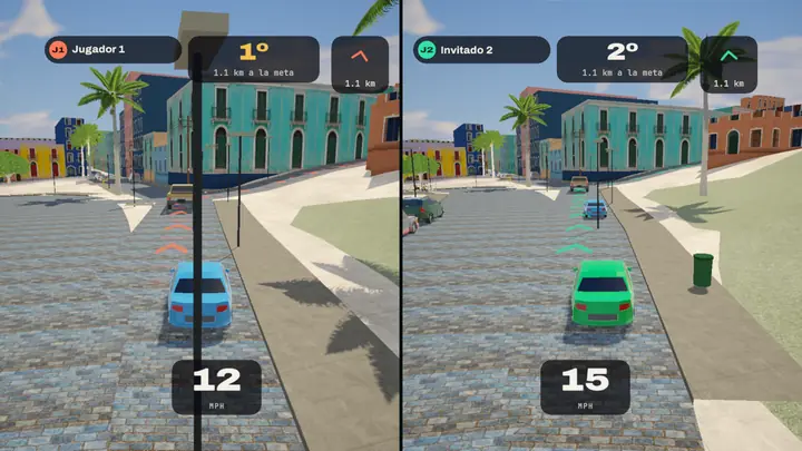 Una carrera a pantalla dividida en el Apple TV por el Viejo San Juan: el carro azul del jugador 1 va primero y el verde del invitado 2, segundo, a 1.1 km de la meta