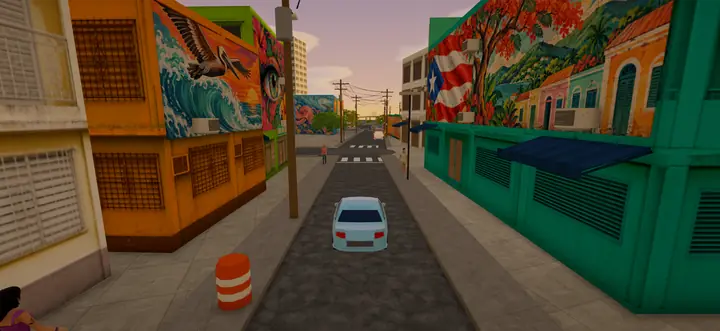 Murales en la Calle Cerra: un pelícano sobre las olas, una bandera de Puerto Rico entre casas pintadas, postes con cables y el carro bajando por la calle