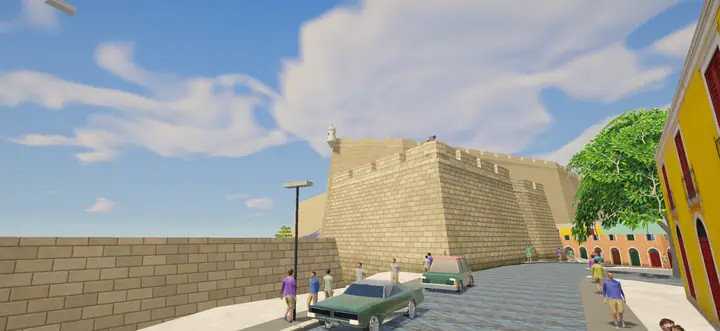 The walls and garita of Castillo San Cristóbal from Calle Norzagaray, people on the sidewalk